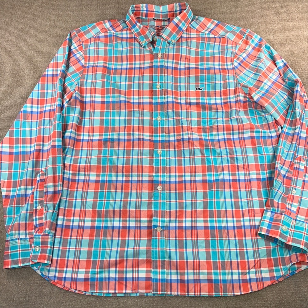 Vineyard Vines OTG Performance Plaid Shirt Mens XL Coral Turquoise Long Sleeve